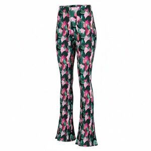 New XS Green Pink Plisse High Rise Flare Pants Textured Retro Abstract Patterned